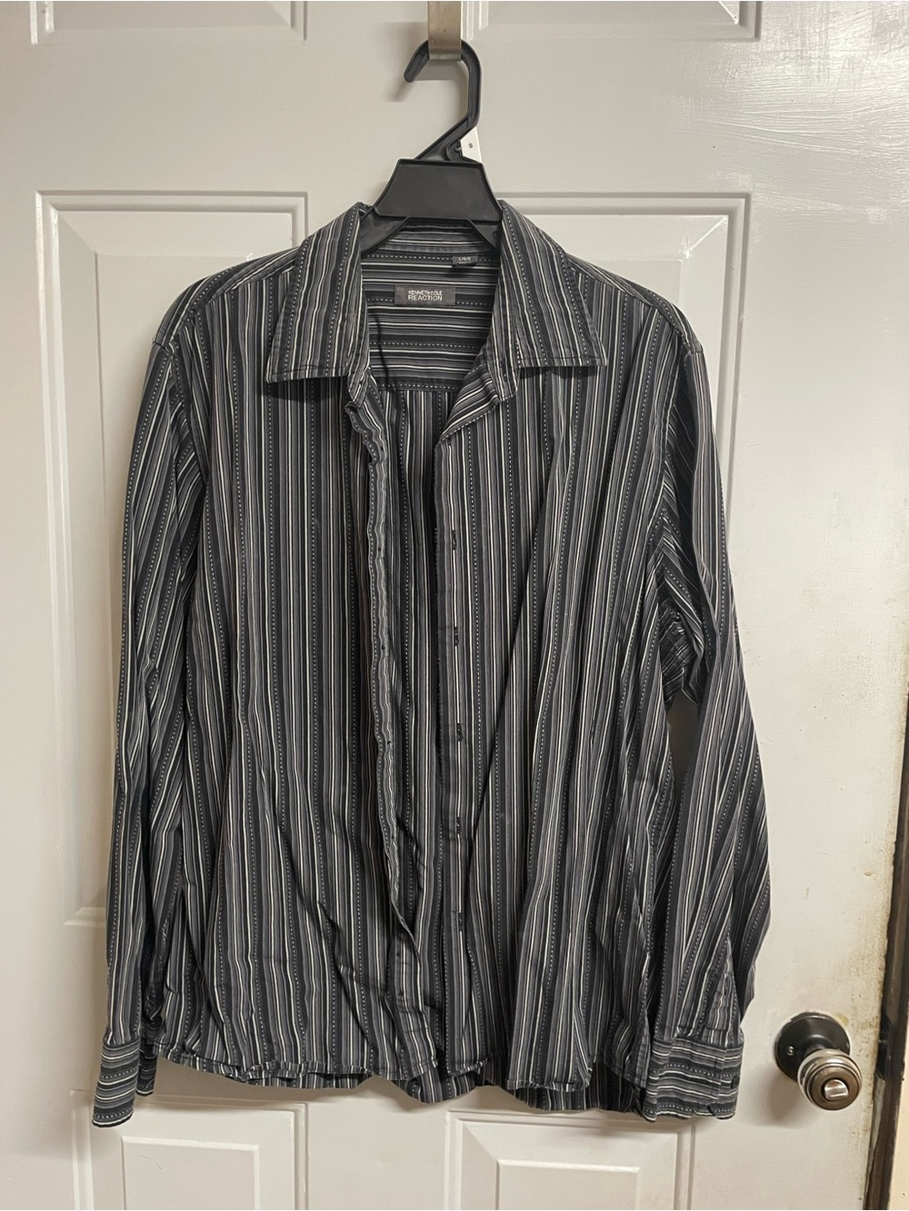 Mens Black and Gray Striped Button-Up Shirt L